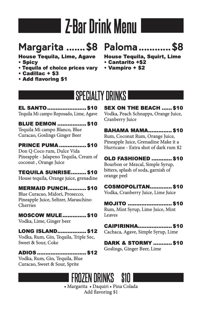Drink Menu from the Z-Bar