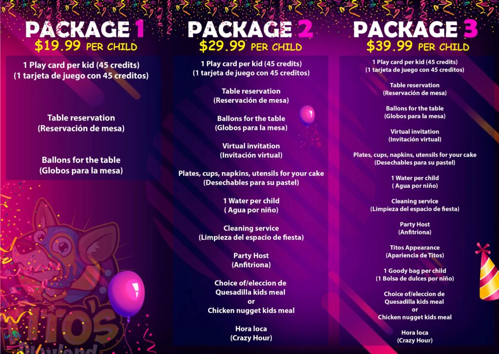 Tito's Playland Party Package Options