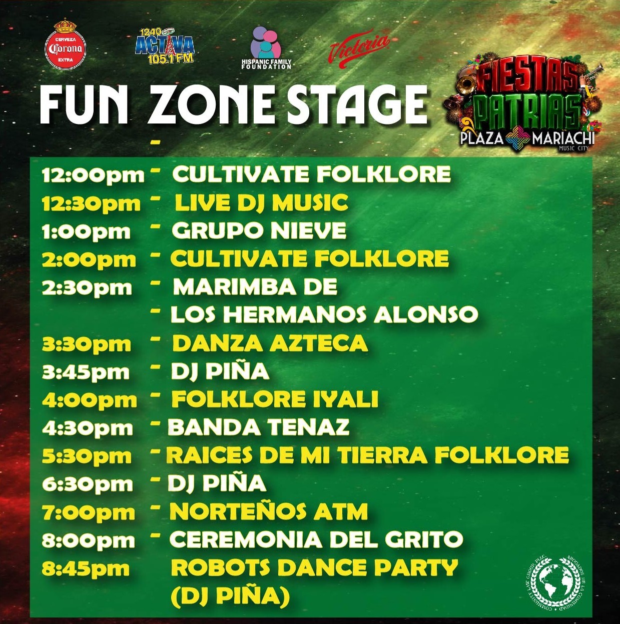 Fiestas Patrias 2026 Fun Zone Stage schedule at Plaza Mariachi Nashville