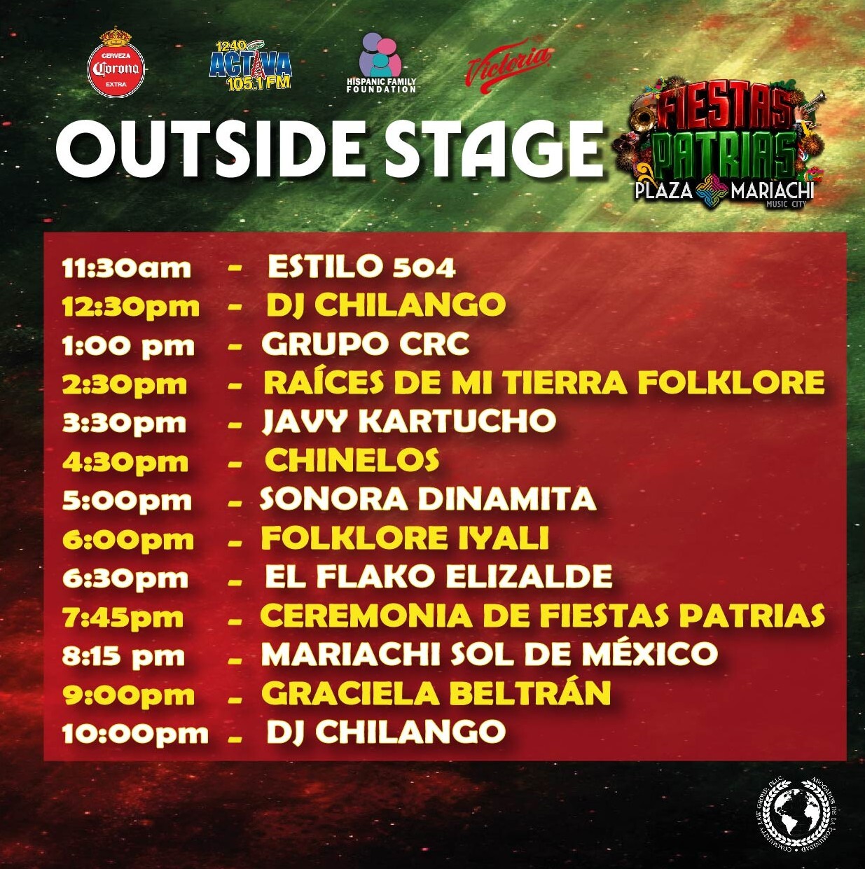 Fiestas Patrias 2026 Outside Stage schedule at Plaza Mariachi Nashville
